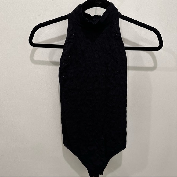 Free People Perforated High Neck Black Bodysuit - Picture 1 of 8